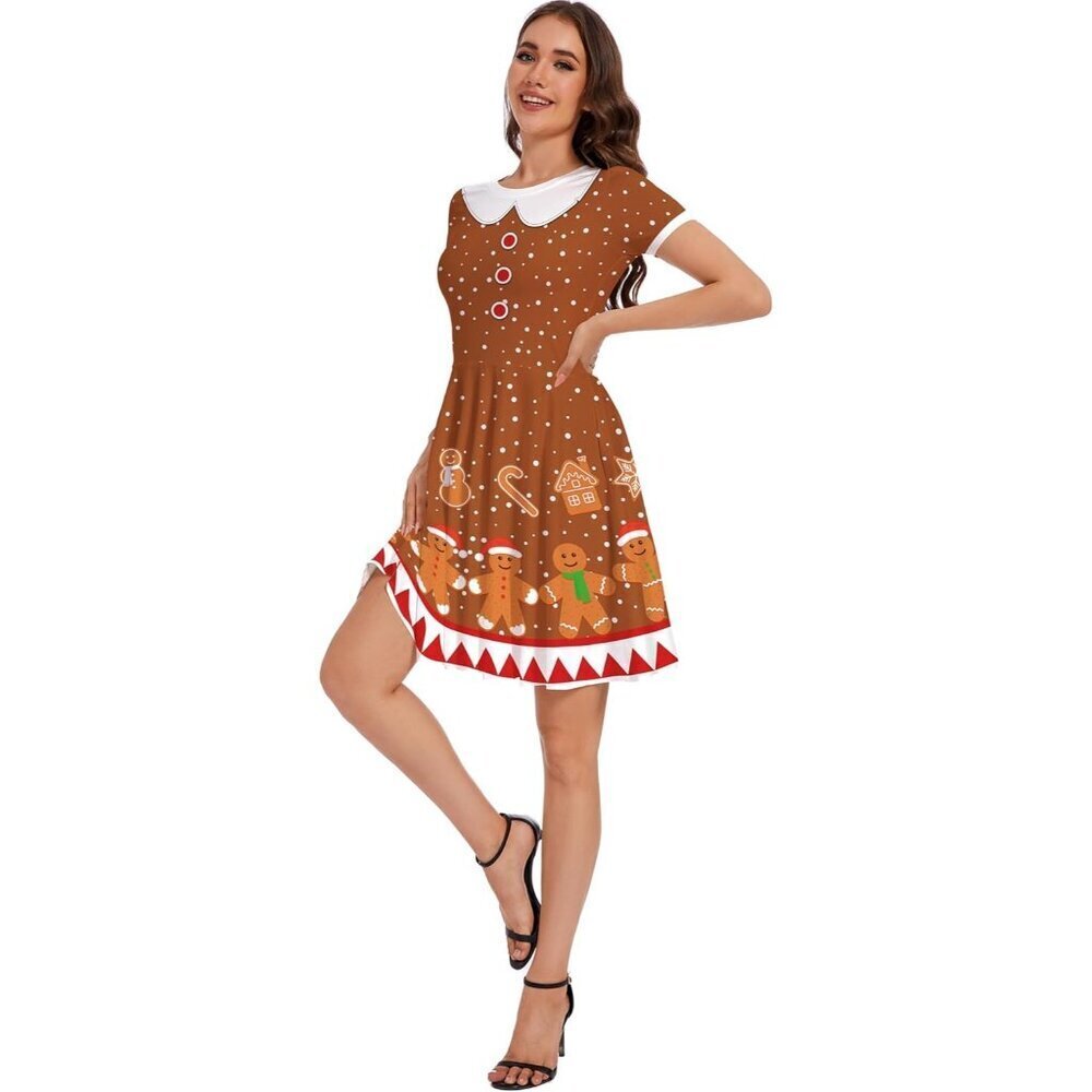 Women Ugly Christmas Santa Dress Cute Gingerbread Holiday Print Dress for Xmas - Picture 3 of 5